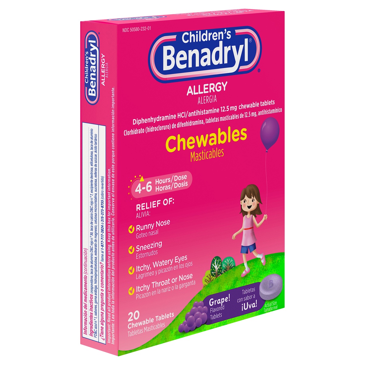 slide 2 of 5, Benadryl Allergy Chewables with Diphenhydramine HCl, Antihistamine Chewable Tablets For Relief of Allergy Symptoms Like Sneezing, Itchy Eyes, & More, Grape Flavor, 20 ct