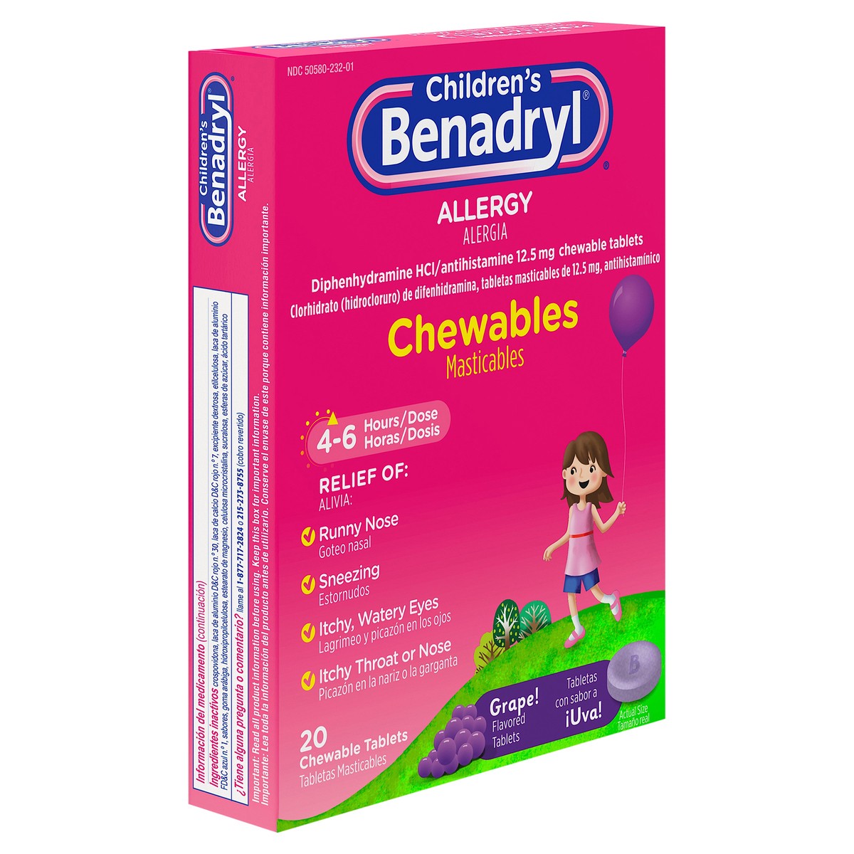 slide 2 of 7, Benadryl Allergy Chewables with Diphenhydramine HCl, Antihistamine Chewable Tablets For Relief of Allergy Symptoms Like Sneezing, Itchy Eyes, & More, Grape Flavor,, 20 ct