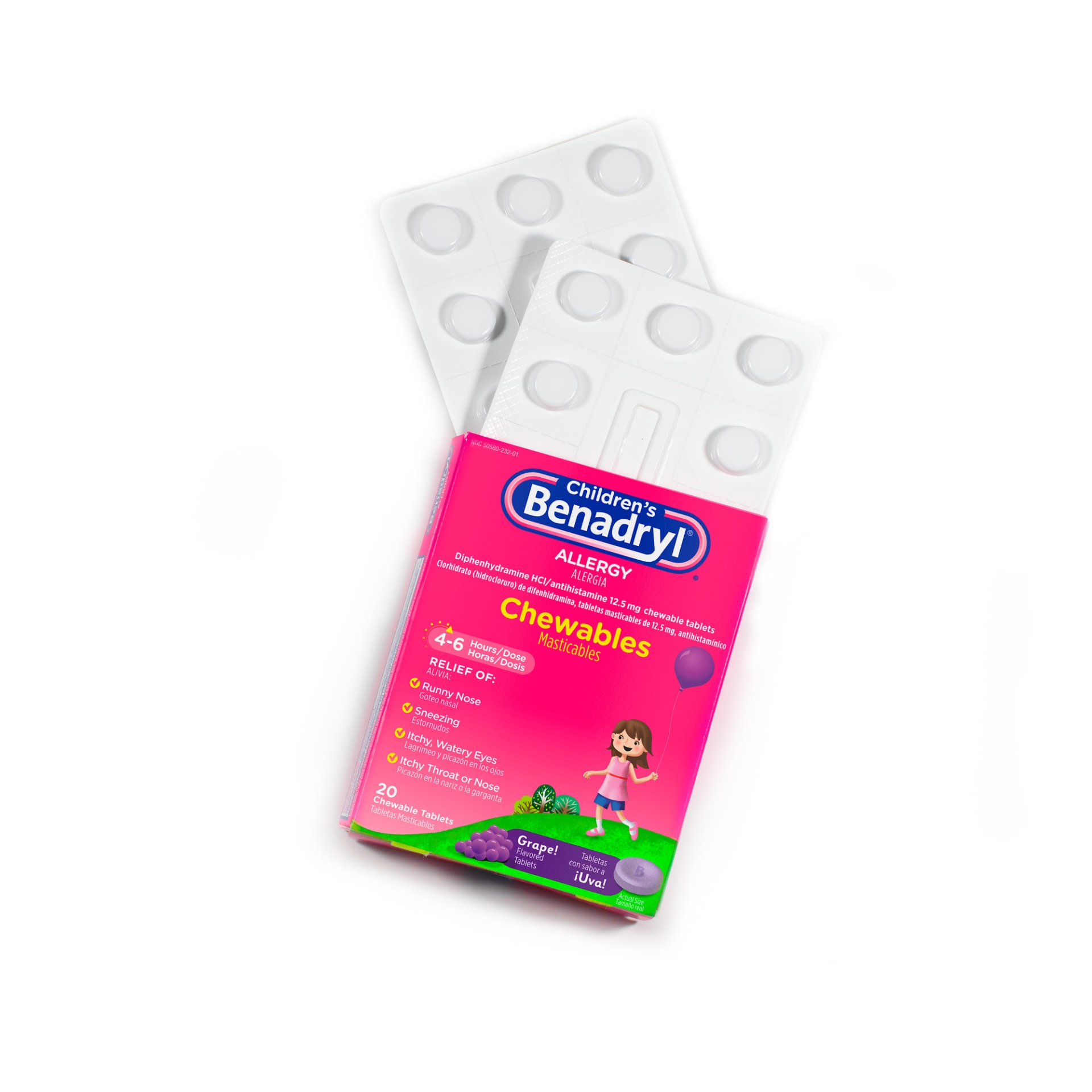slide 1 of 5, Benadryl Allergy Chewables with Diphenhydramine HCl, Antihistamine Chewable Tablets For Relief of Allergy Symptoms Like Sneezing, Itchy Eyes, & More, Grape Flavor, 20 ct