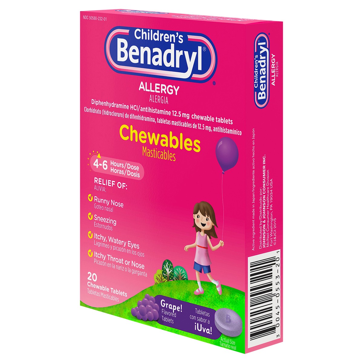 slide 3 of 7, Benadryl Allergy Chewables with Diphenhydramine HCl, Antihistamine Chewable Tablets For Relief of Allergy Symptoms Like Sneezing, Itchy Eyes, & More, Grape Flavor,, 20 ct