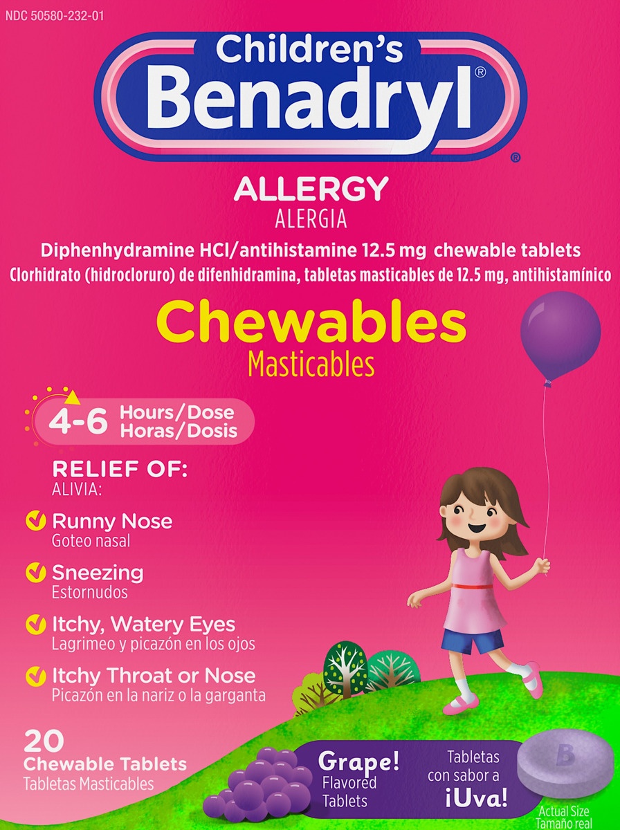 slide 4 of 5, Benadryl Allergy Chewables with Diphenhydramine HCl, Antihistamine Chewable Tablets For Relief of Allergy Symptoms Like Sneezing, Itchy Eyes, & More, Grape Flavor, 20 ct