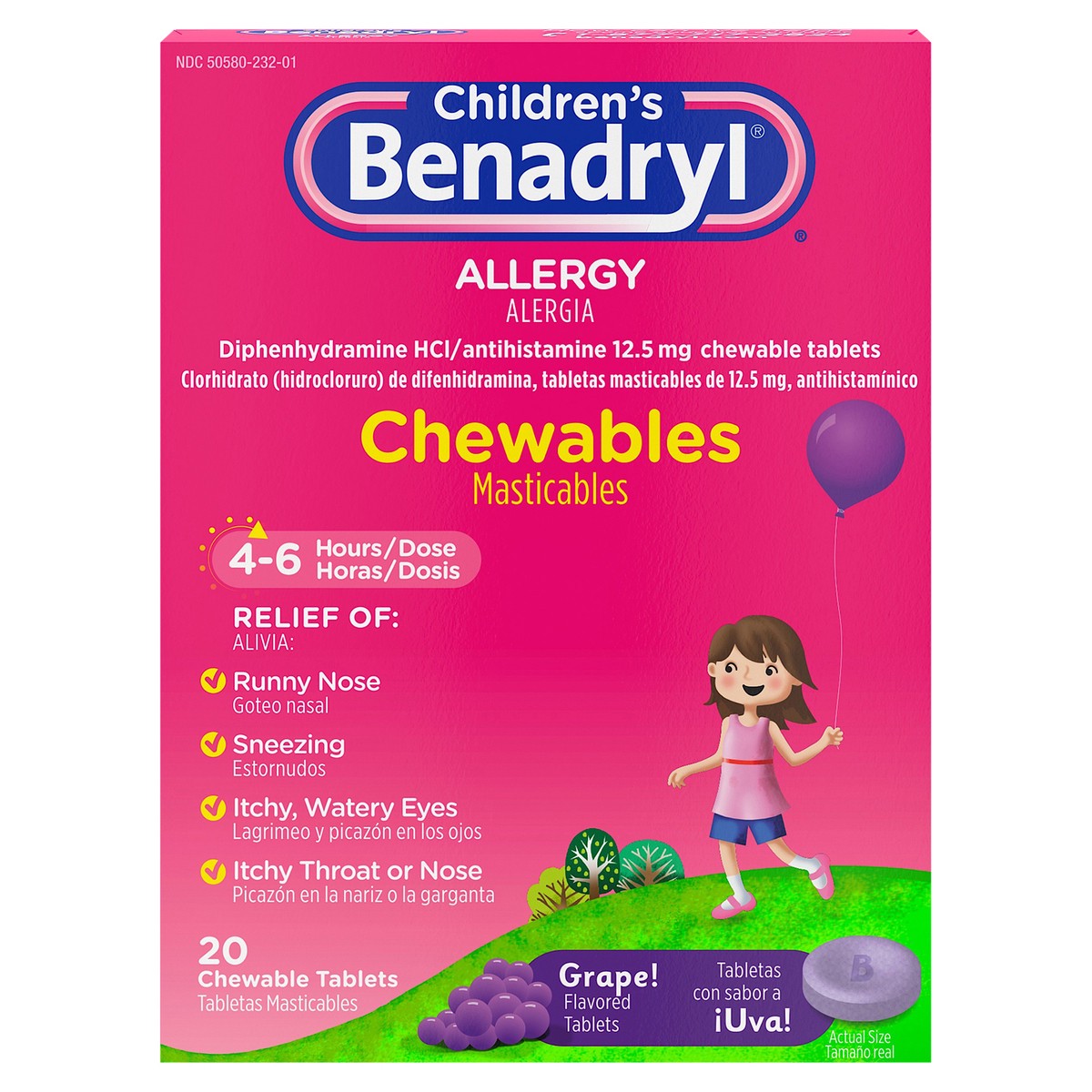 slide 1 of 7, Benadryl Allergy Chewables with Diphenhydramine HCl, Antihistamine Chewable Tablets For Relief of Allergy Symptoms Like Sneezing, Itchy Eyes, & More, Grape Flavor,, 20 ct