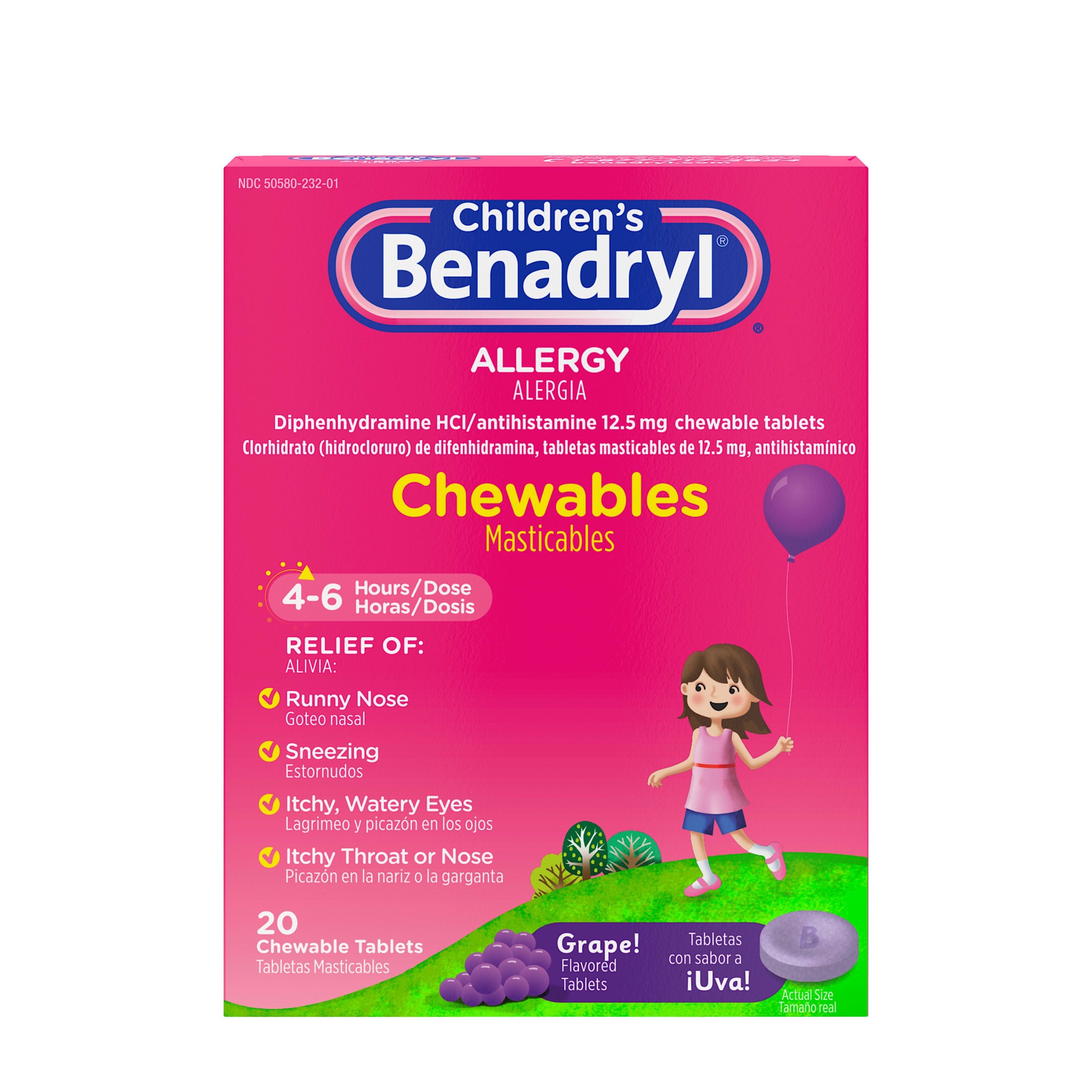 slide 1 of 7, Benadryl Allergy Chewables with Diphenhydramine HCl, Antihistamine Chewable Tablets For Relief of Allergy Symptoms Like Sneezing, Itchy Eyes, & More, Grape Flavor, 20 Count, 20 ct