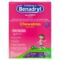 Benadryl Allergy Chewables with Diphenhydramine HCl, Antihistamine Chewable Tablets For Relief of Allergy Symptoms Like Sneezing, Itchy Eyes, & More, Grape Flavor,