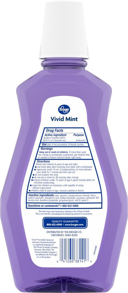 slide 2 of 2, Kroger Vivid Mint Alcohol-Free Fluoride Mouthwash, 33.8 fl oz