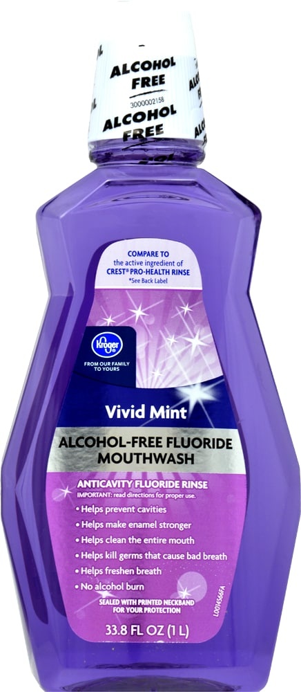 slide 1 of 1, Kroger Vivid Mint Alcohol-Free Fluoride Mouthwash, 33.8 fl oz