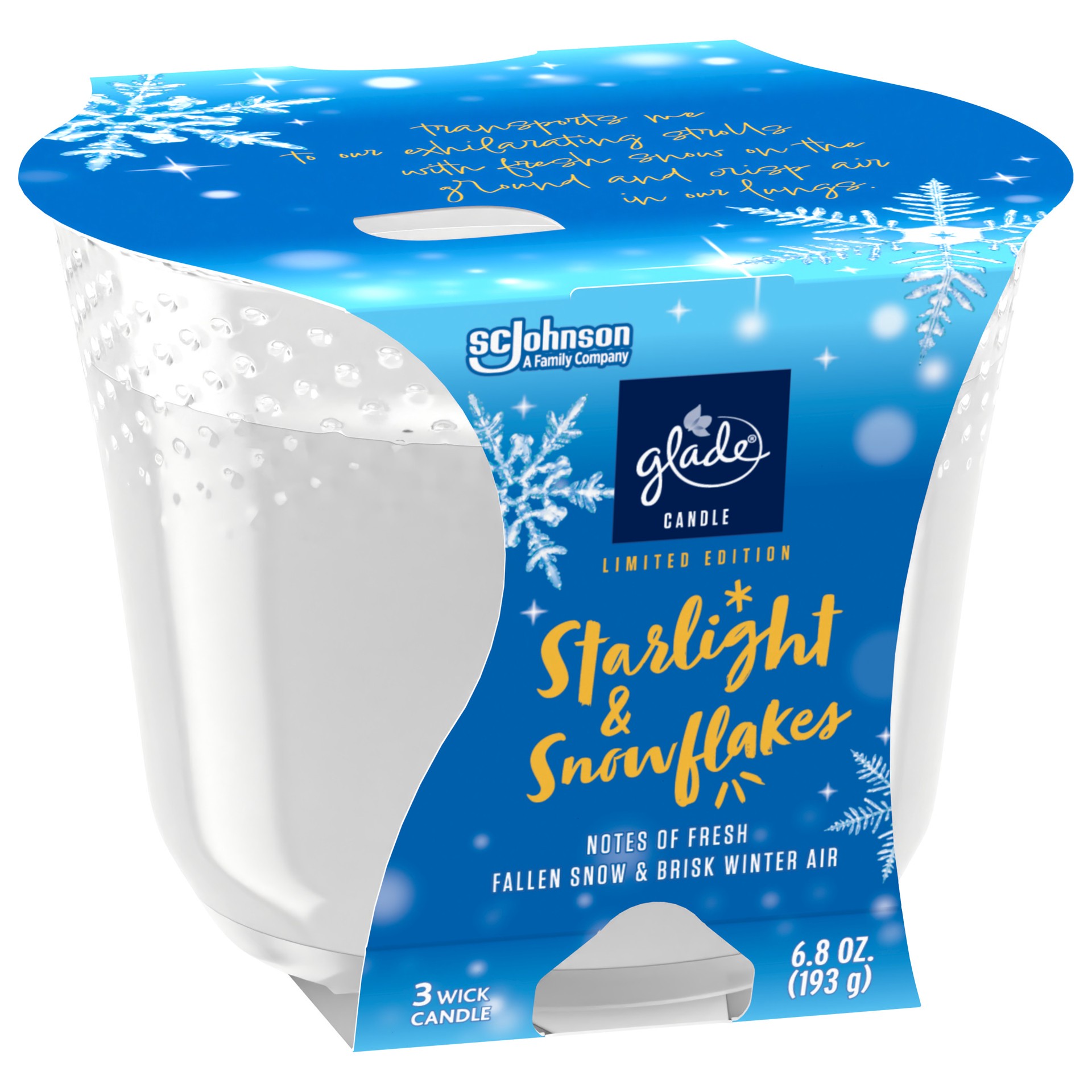 slide 3 of 5, Glade 3 Wick Scented Candle, Starlight & Snowflakes, Fragrance Infused with Essential Oils, 6.8 oz, 6.8 oz