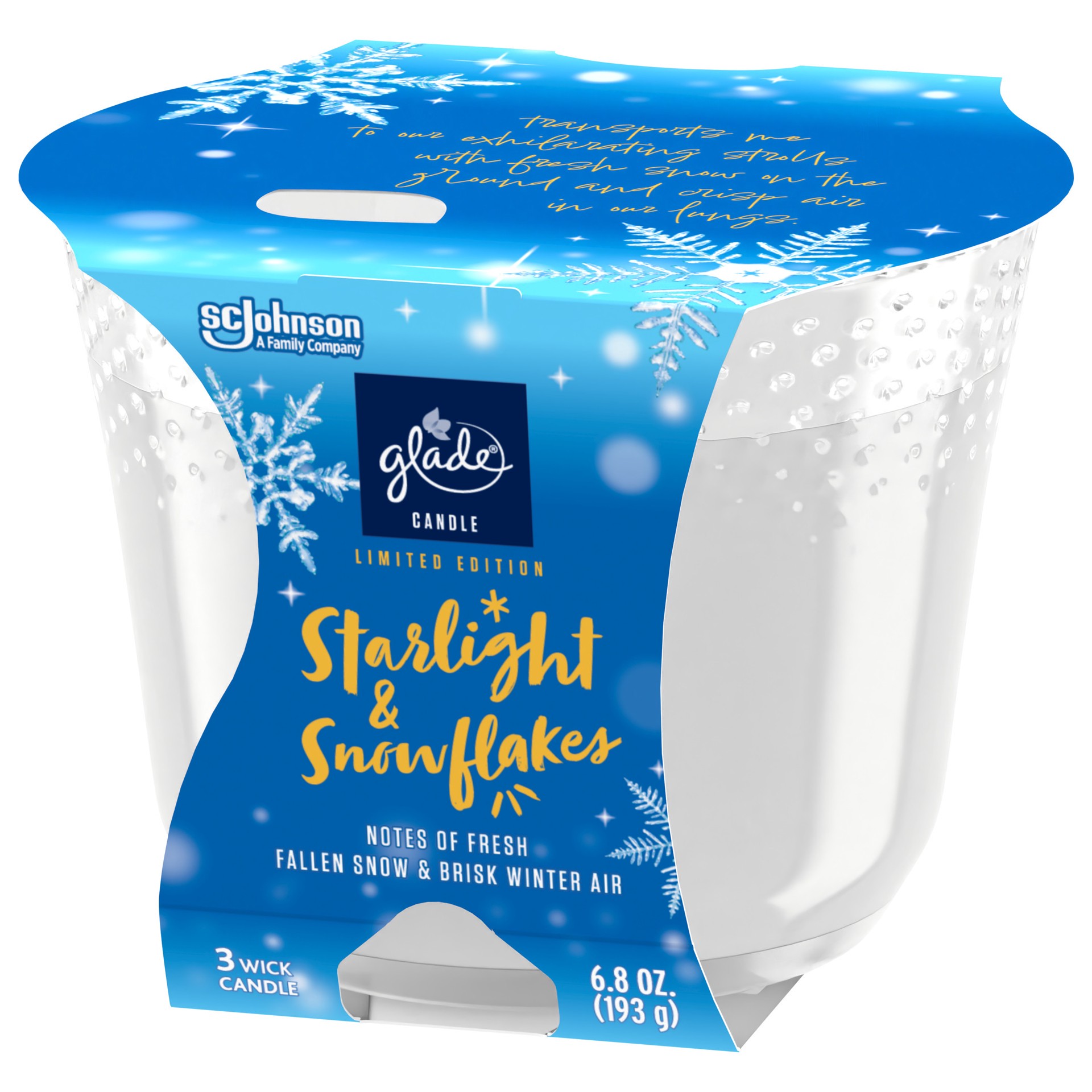 slide 4 of 5, Glade 3 Wick Scented Candle, Starlight & Snowflakes, Fragrance Infused with Essential Oils, 6.8 oz, 6.8 oz