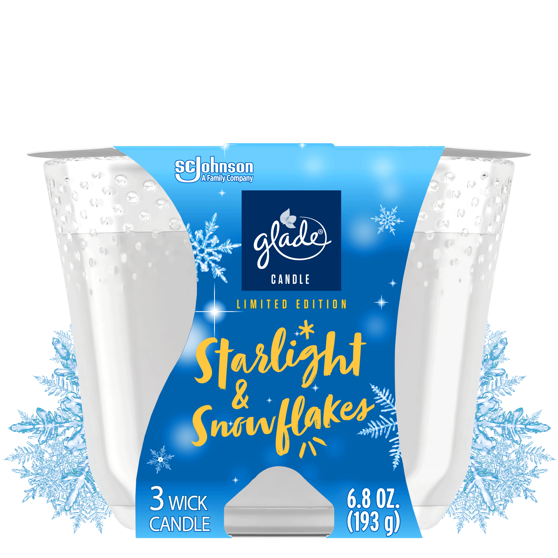 slide 5 of 5, Glade 3 Wick Scented Candle, Starlight & Snowflakes, Fragrance Infused with Essential Oils, 6.8 oz, 6.8 oz