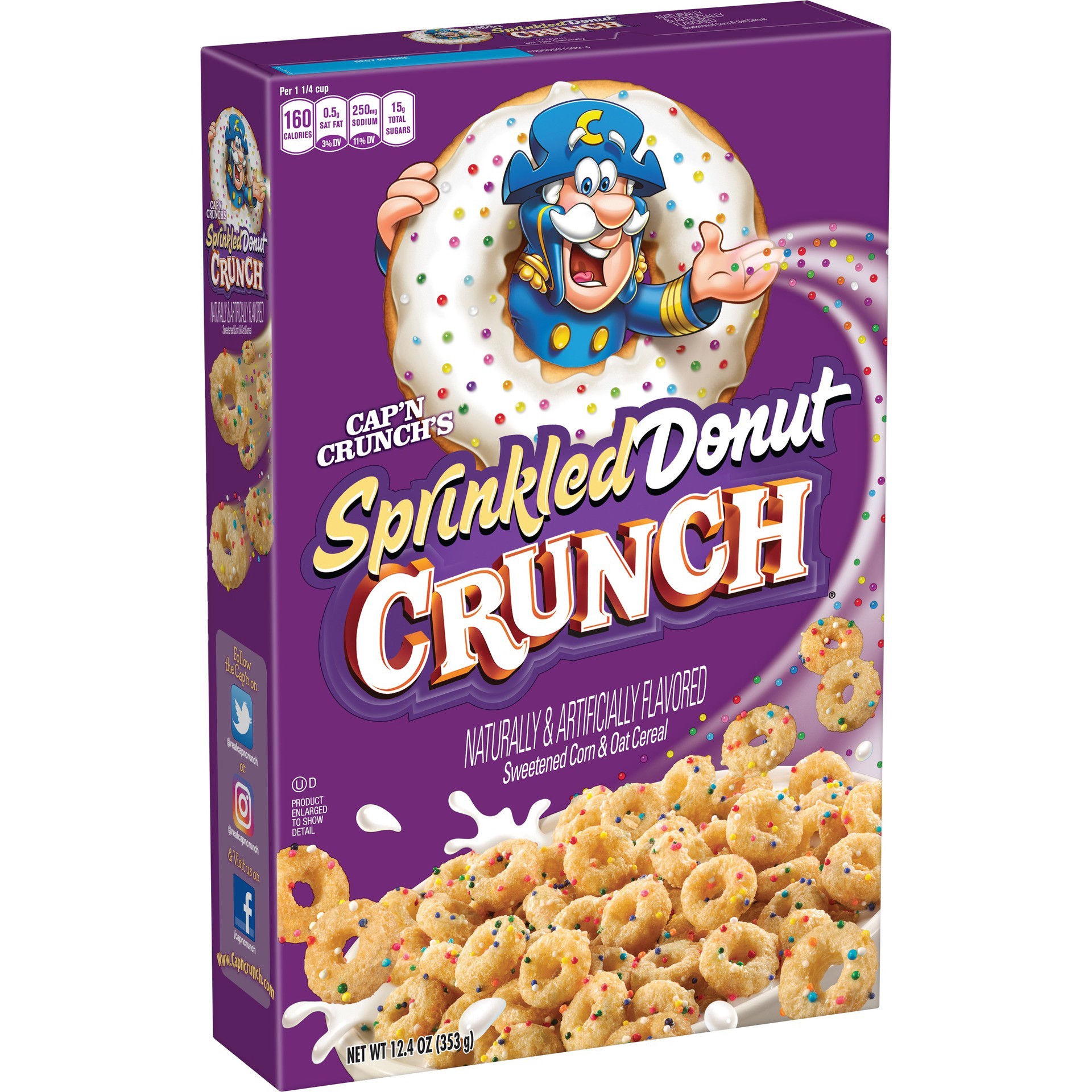 slide 1 of 1, Cap'n Crunch's Sprinkled Donut Crunch Sweetened Corn & Oat Cereal 12.4 Ounce Paper Box, 12.4 oz