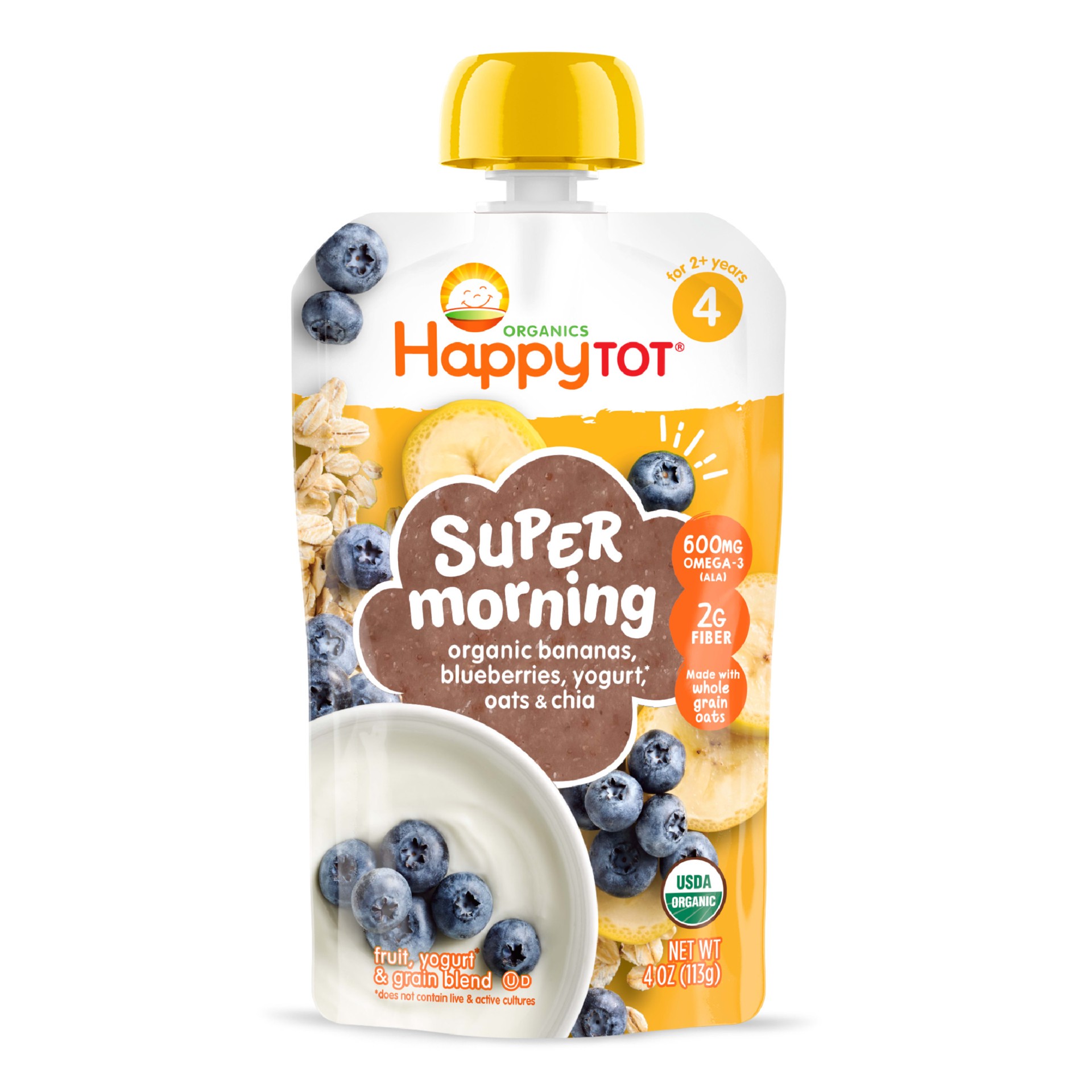 slide 1 of 2, Happy Tot Stage 4 Baby Food Pouches, Gluten Free, Super Morning Fruit & Oat Blend, Bananas, Blueberries, Yogurt, Oats & Chia, 4 Oz (Pack of 1), 4 oz