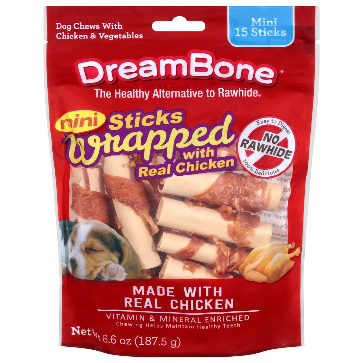 slide 1 of 9, DreamBone Sticks Wrapped Real Chicken Mini Dog Chews with Chicken & Vegetables 15 Sticks, 6.6 oz