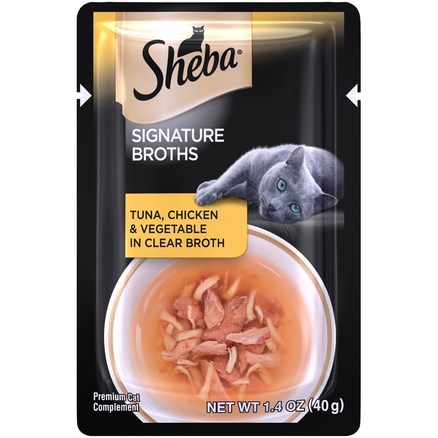 slide 1 of 1, Sheba Signature Broths Tuna, Chicken & Vegetable Wet Cat Food, 1.4 oz