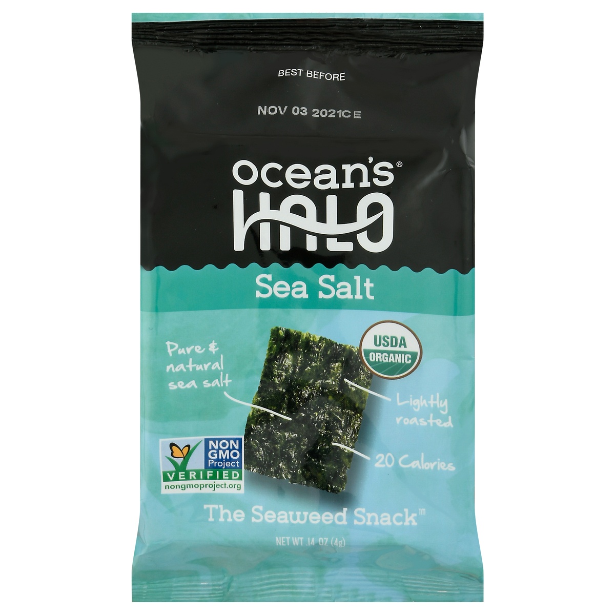 slide 1 of 1, Ocean's Halo Seaweed Snack, Sea Salt, 0.14 oz