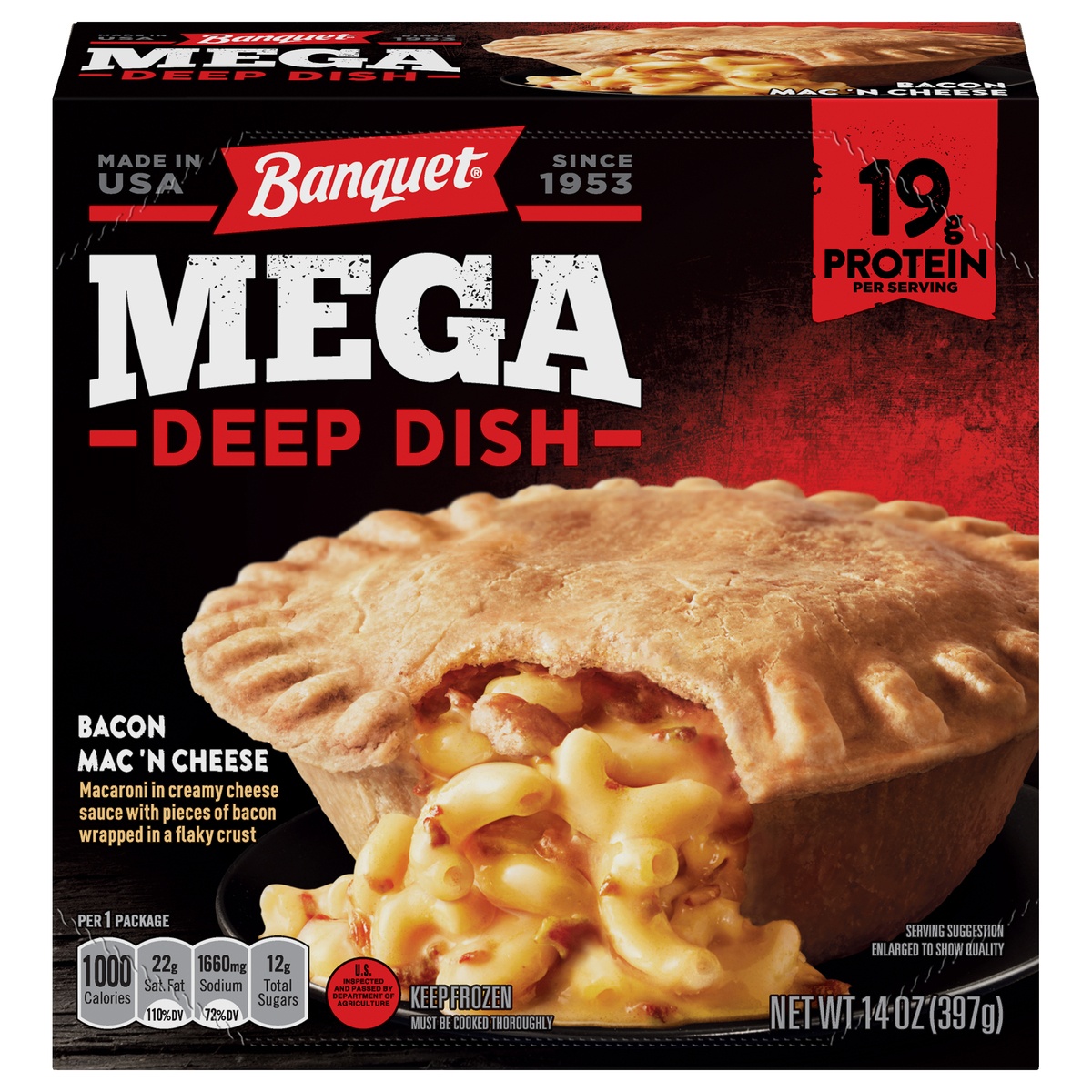 slide 1 of 1, Banquet Mega Pot Pie Deep Dish Bacon Mac & Cheese, 14 oz