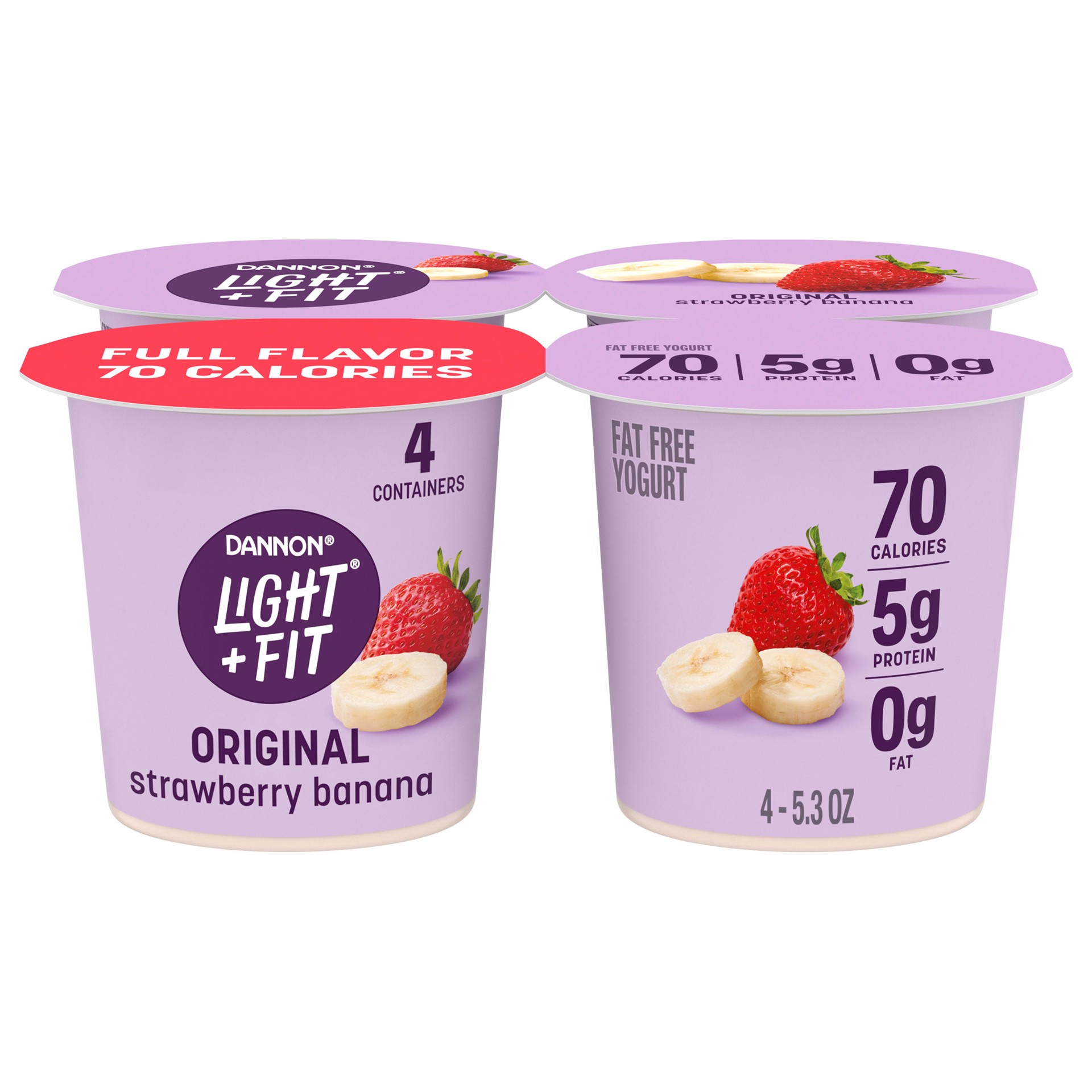 slide 1 of 5, Light + Fit Dannon Light + Fit Strawberry Banana Original Nonfat Yogurt Pack, 0 Fat and 70 Calories, Creamy and Delicious Strawberry Banana Yogurt, 4 Ct, 5.3 OZ Cups, 5.3 oz