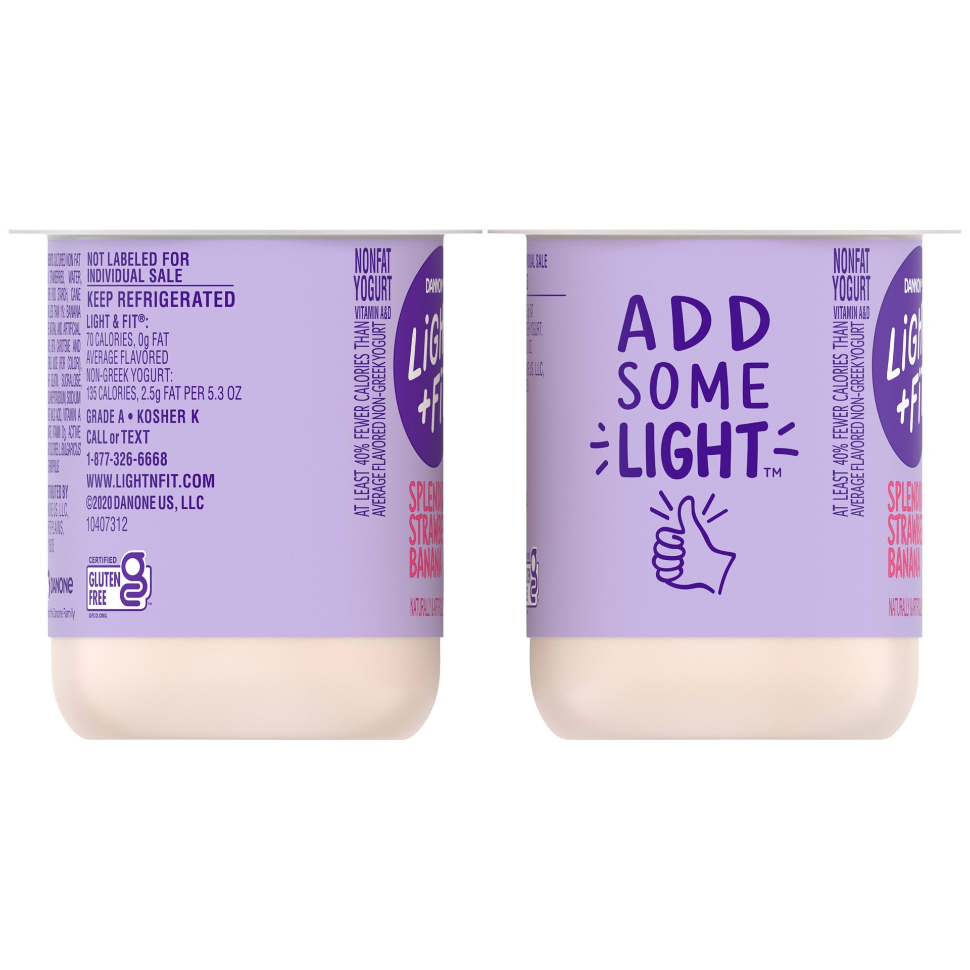 slide 2 of 5, Light + Fit Dannon Light + Fit Strawberry Banana Original Nonfat Yogurt Pack, 0 Fat and 70 Calories, Creamy and Delicious Strawberry Banana Yogurt, 4 Ct, 5.3 OZ Cups, 5.3 oz