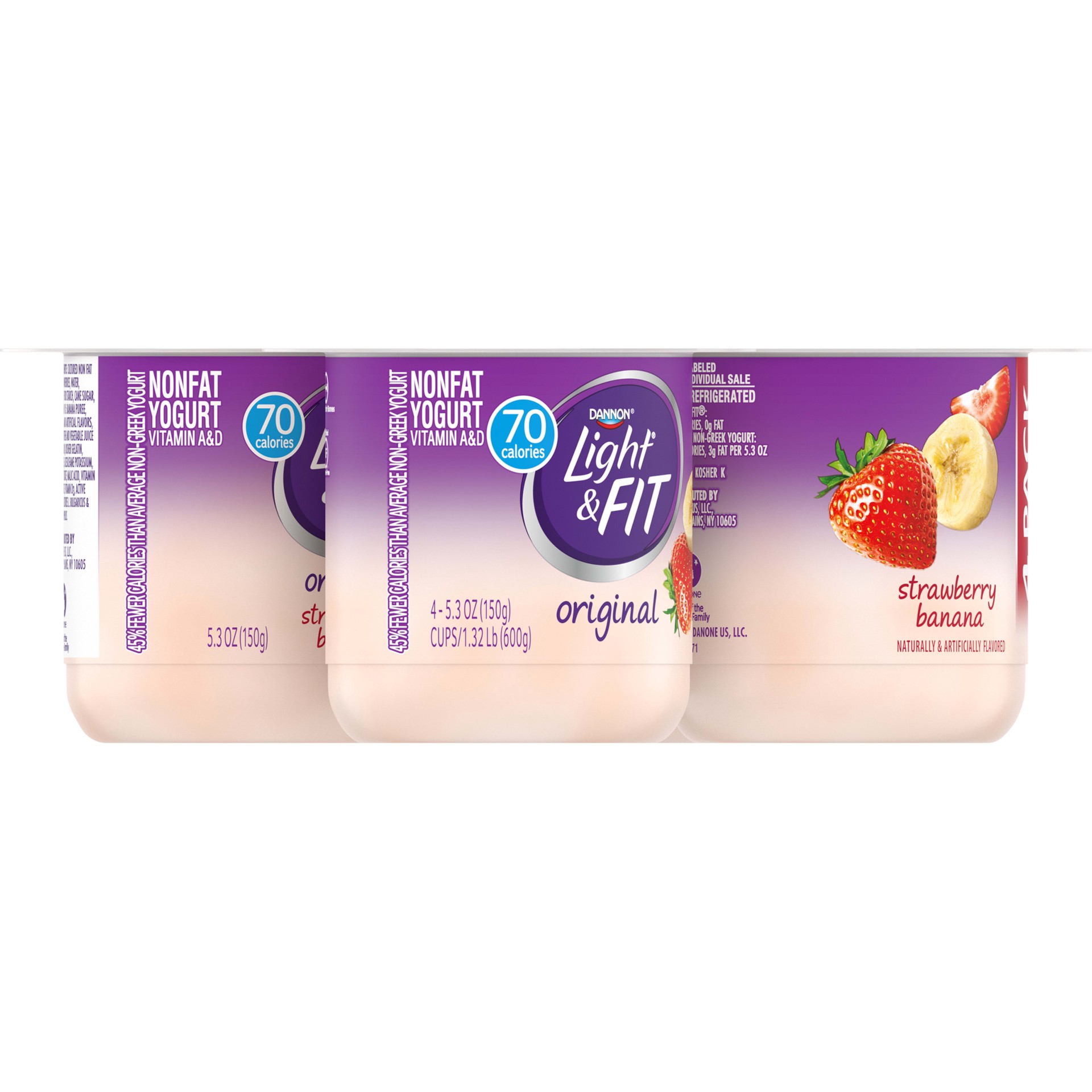 slide 3 of 5, Light + Fit Dannon Light + Fit Strawberry Banana Original Nonfat Yogurt Pack, 0 Fat and 70 Calories, Creamy and Delicious Strawberry Banana Yogurt, 4 Ct, 5.3 OZ Cups, 5.3 oz