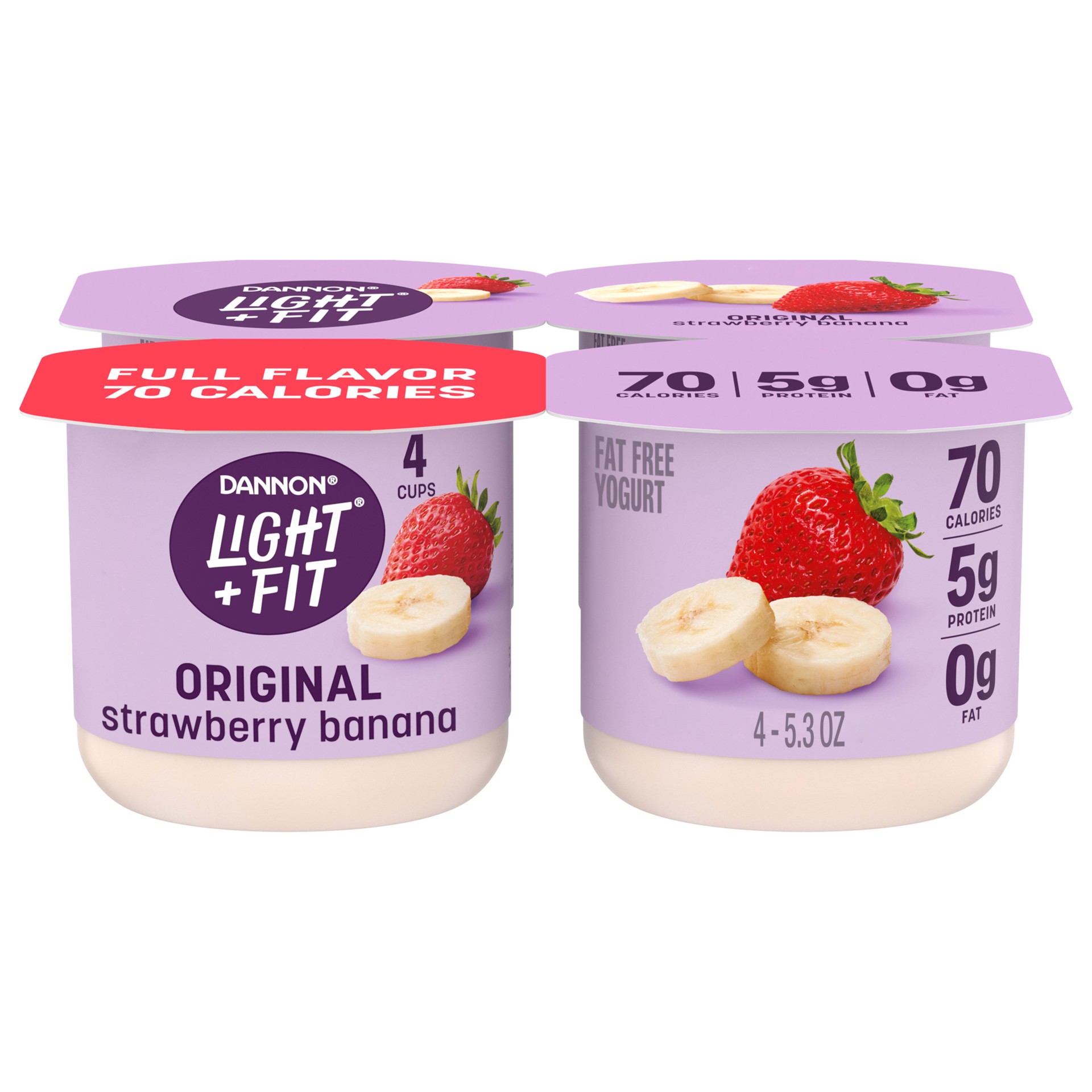 slide 1 of 5, Light + Fit Dannon Light + Fit Strawberry Banana Original Nonfat Yogurt Pack, 0 Fat and 70 Calories, Creamy and Delicious Strawberry Banana Yogurt, 4 Ct, 5.3 OZ Cups, 5.3 oz