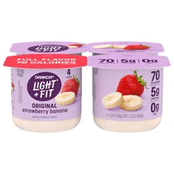 Dannon Light + Fit Strawberry Banana Original Nonfat Yogurt Pack, 0 Fat and 70 Calories, Creamy and Delicious Strawberry Banana Yogurt, 4 Ct, 5.3 OZ Cups