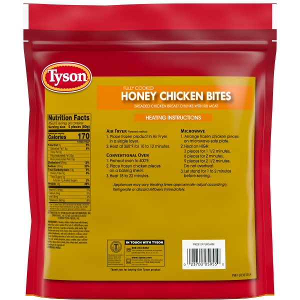 slide 8 of 9, Tyson Honey Chicken Bites Fully Cooked Breaded, 24 oz. Bag (Frozen), 24 oz