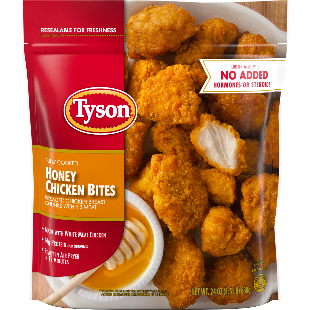 slide 1 of 9, Tyson Honey Chicken Bites Fully Cooked Breaded, 24 oz. Bag (Frozen), 24 oz