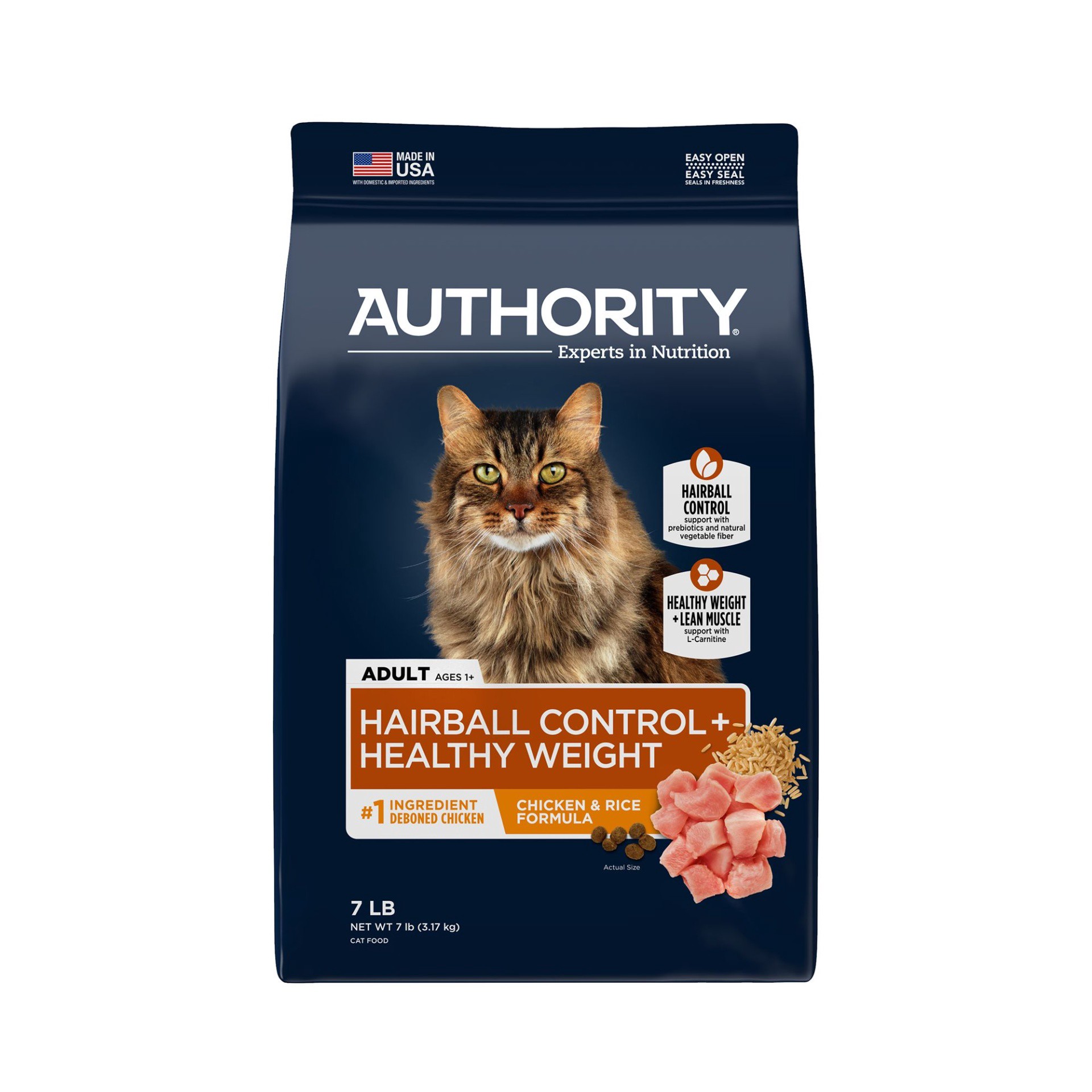 slide 1 of 1, Authority Hairball Control & Healthy Weight Cat Dry Food - Chicken & Rice, With-Grain, 7 lb