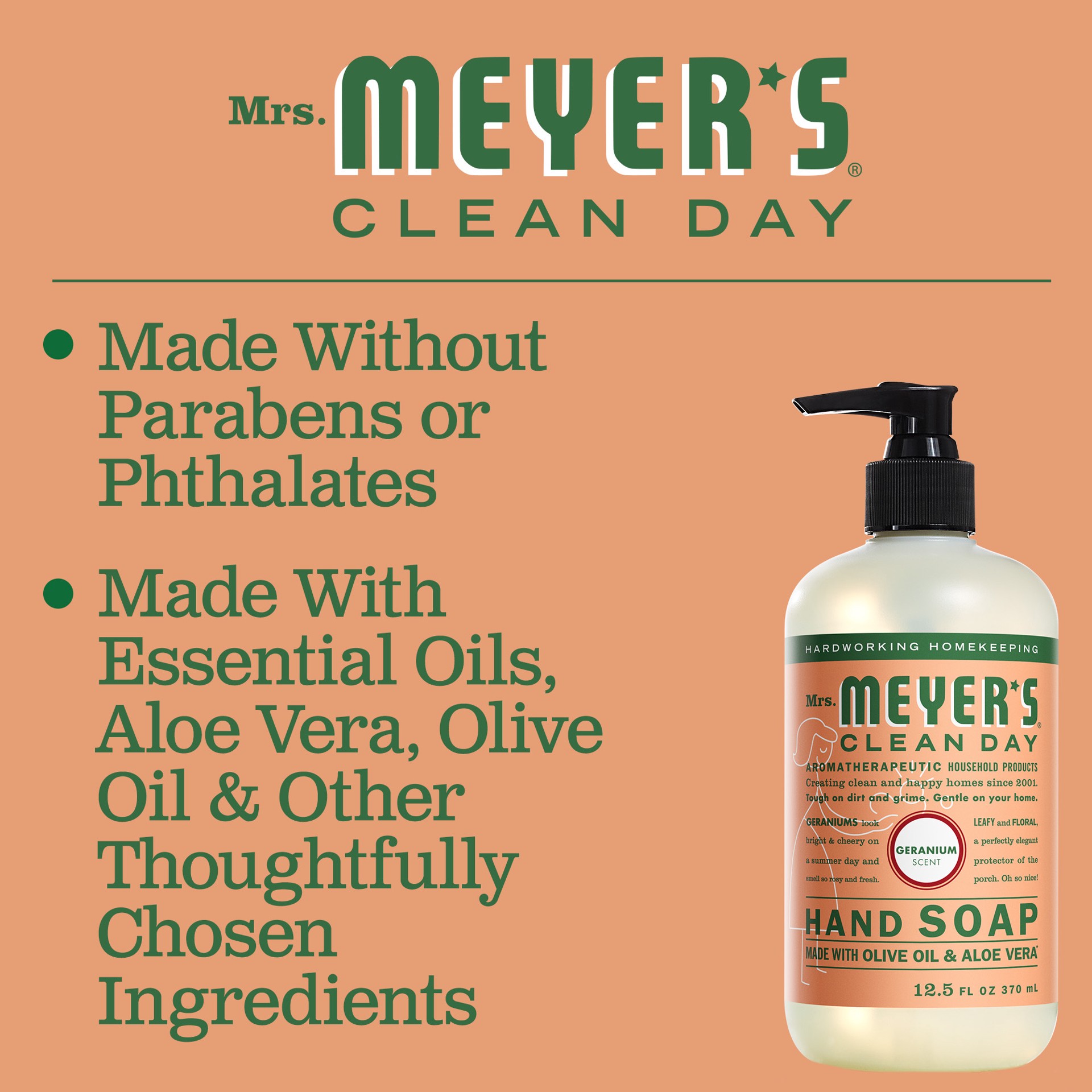 slide 4 of 9, Mrs. Meyer's Clean Day Liquid Hand Soap, Geranium Scent, 12.5 Ounce Bottle, 12.50 fl oz