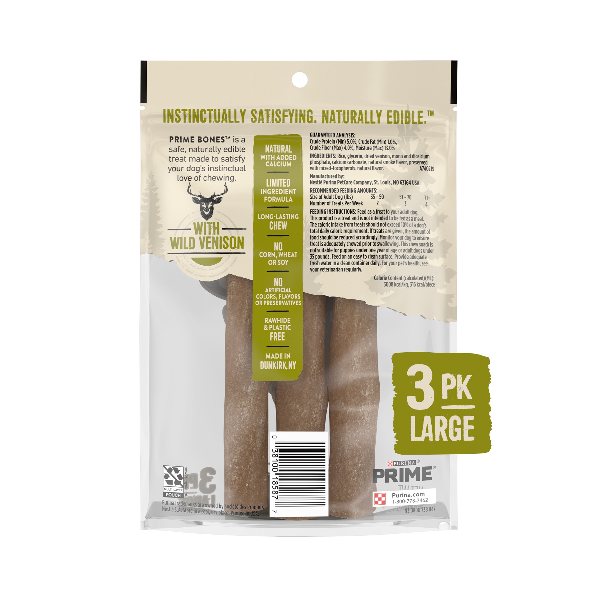 slide 3 of 9, Prime Purina Prime Bones Made in USA Facilities Limited Ingredient Natural Large Dog Treats, Chew Stick With Wild Venison, 9.7 oz