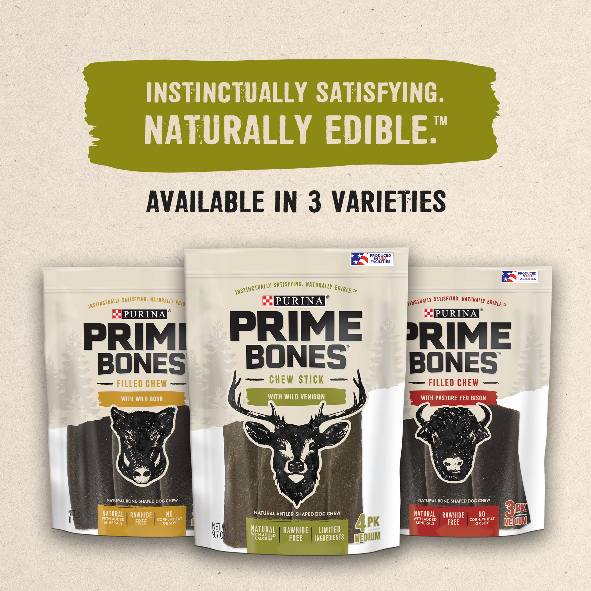 slide 4 of 9, Prime Purina Prime Bones Made in USA Facilities Limited Ingredient Natural Large Dog Treats, Chew Stick With Wild Venison, 9.7 oz