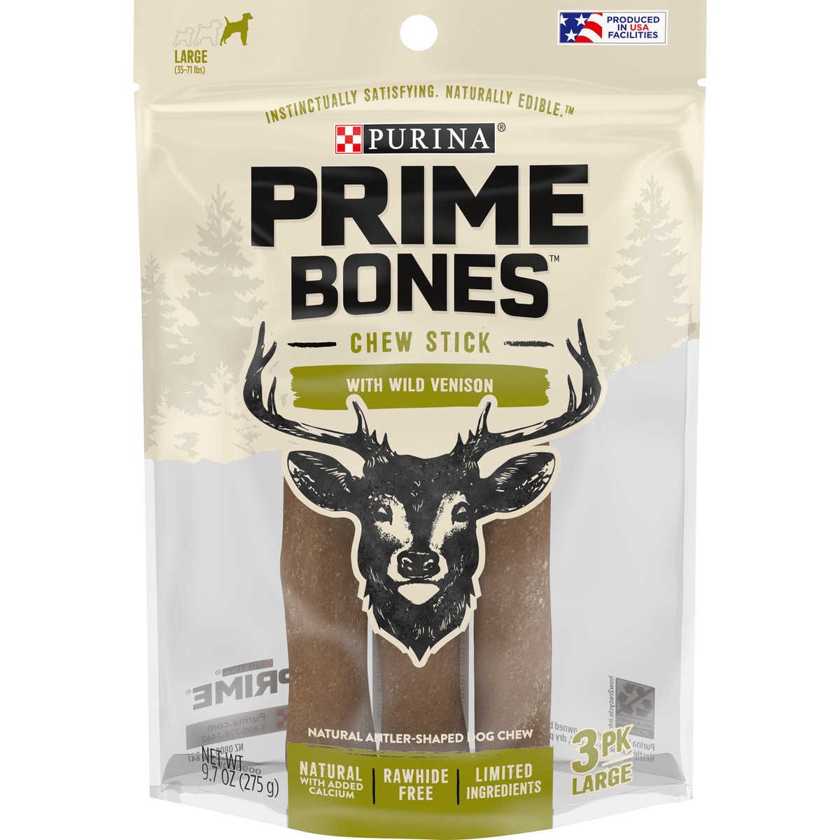 slide 1 of 9, Prime Purina Prime Bones Made in USA Facilities Limited Ingredient Natural Large Dog Treats, Chew Stick With Wild Venison, 9.7 oz