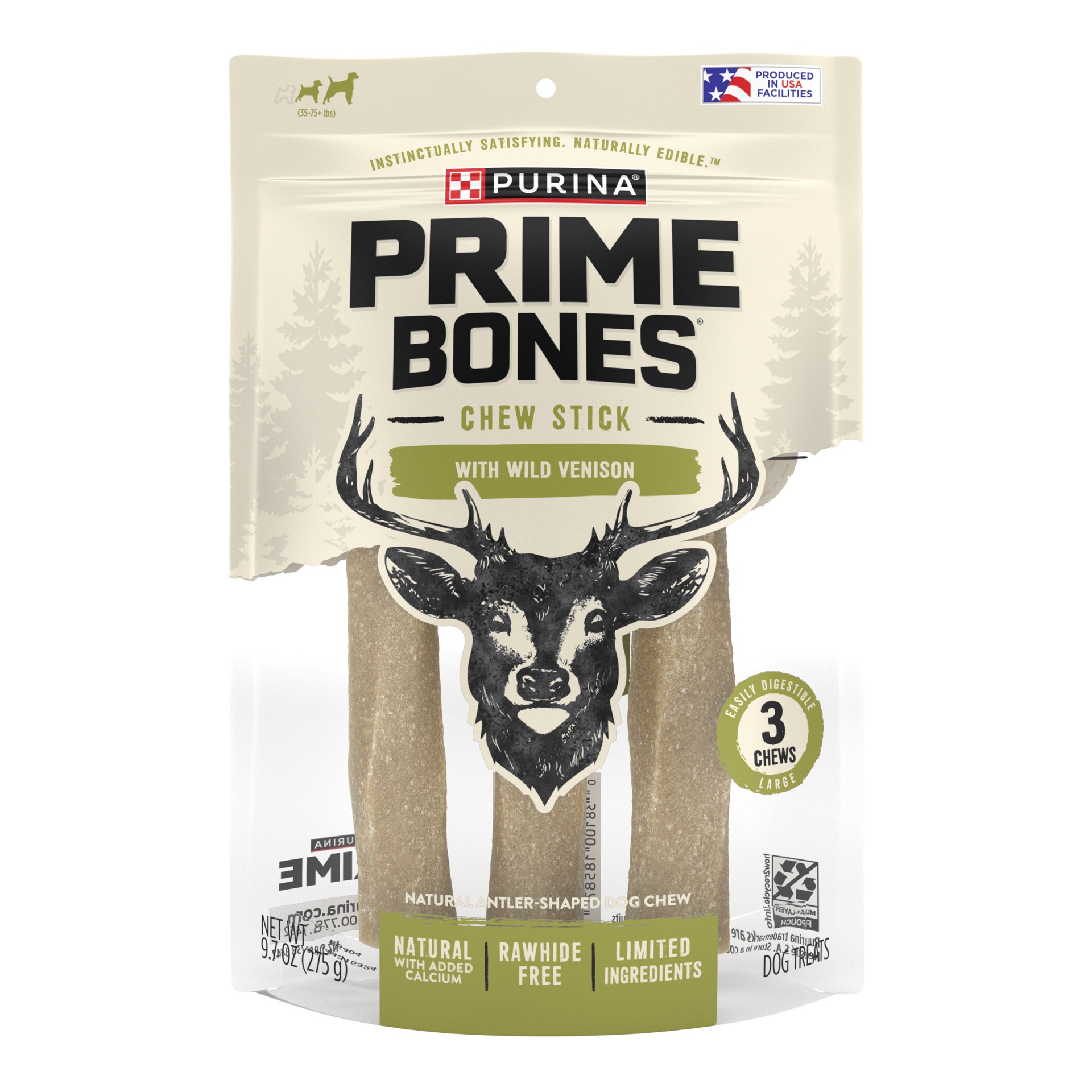 slide 1 of 9, Prime Purina Prime Bones Made in USA Facilities Limited Ingredient Natural Large Dog Treats, Chew Stick With Wild Venison, 9.7 oz