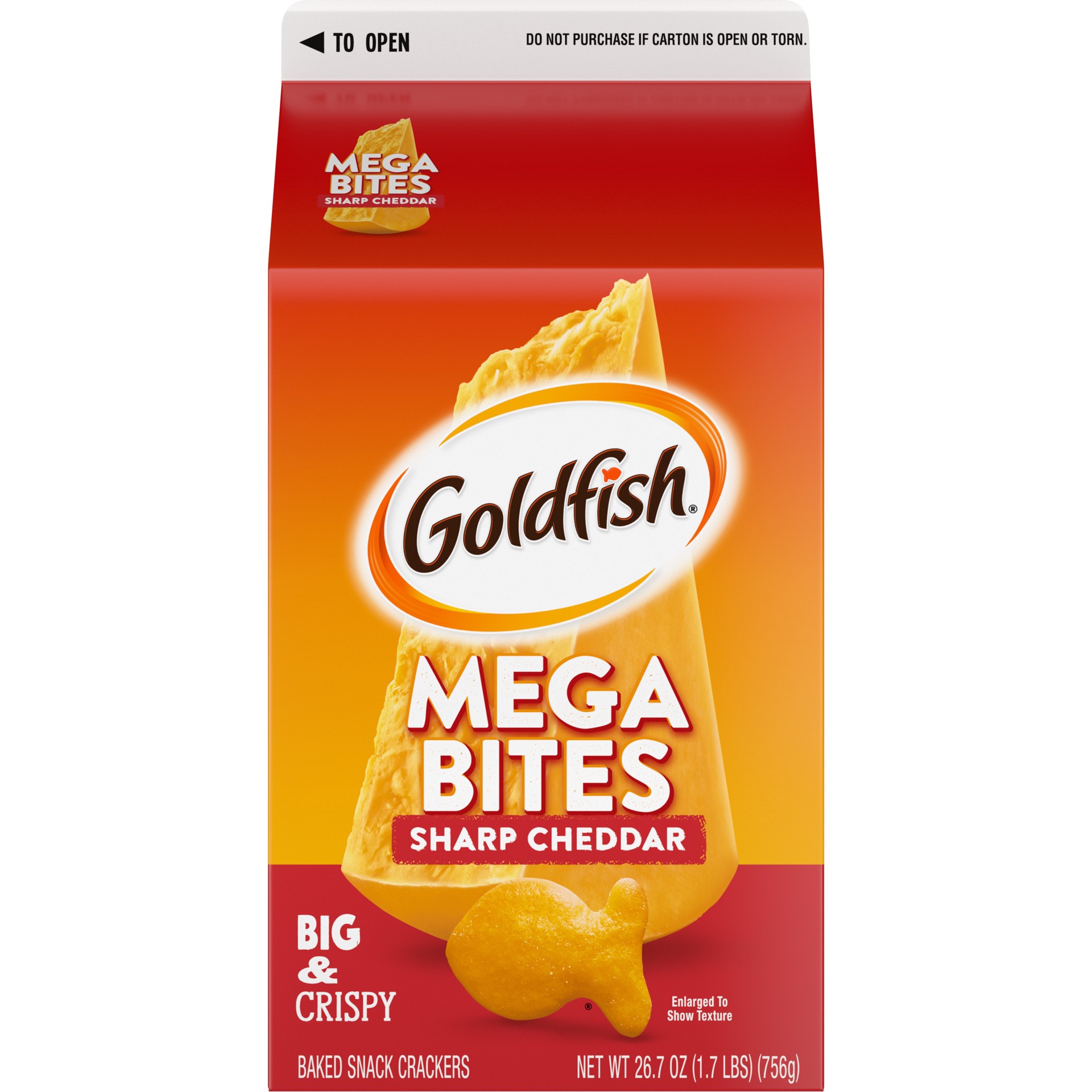 slide 1 of 1, Goldfish Mega Bites, Sharp Cheddar Crackers, 26.7 Oz Carton, 24.3 oz