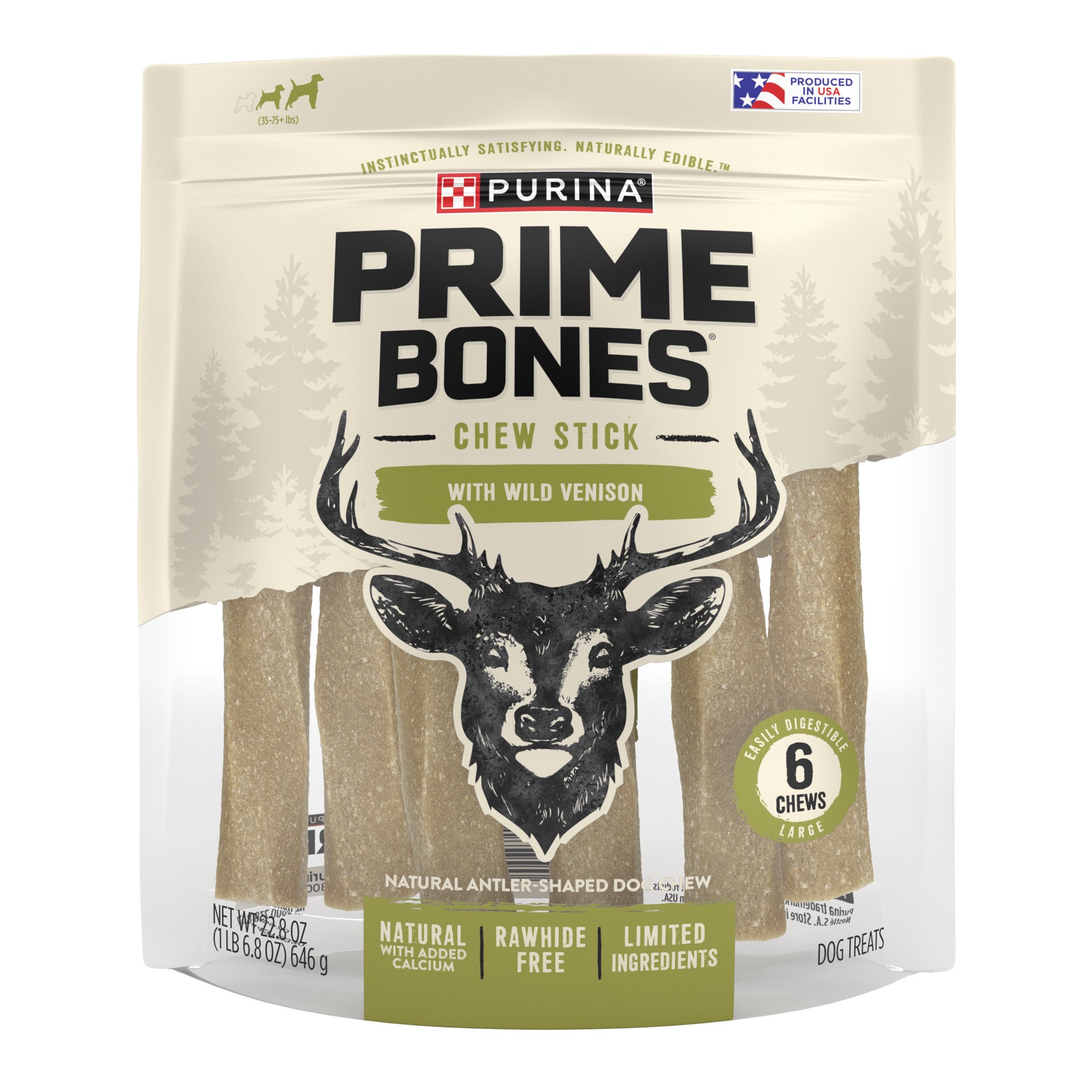 slide 1 of 1, Prime Purina Prime Bones Made in USA Facilities Limited Ingredient Natural Large Dog Treats, Chew Stick With Wild Venison Pouch, 22.8 oz