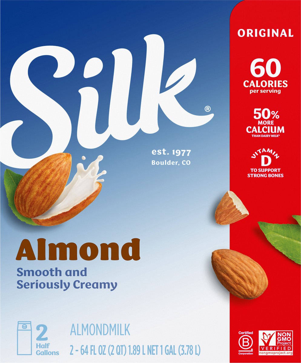 slide 11 of 13, Silk Almond Milk, Original, Dairy-Free, Vegan, Non-GMO Project Verified, Half Gallon, 2 Pack, 64 fl oz