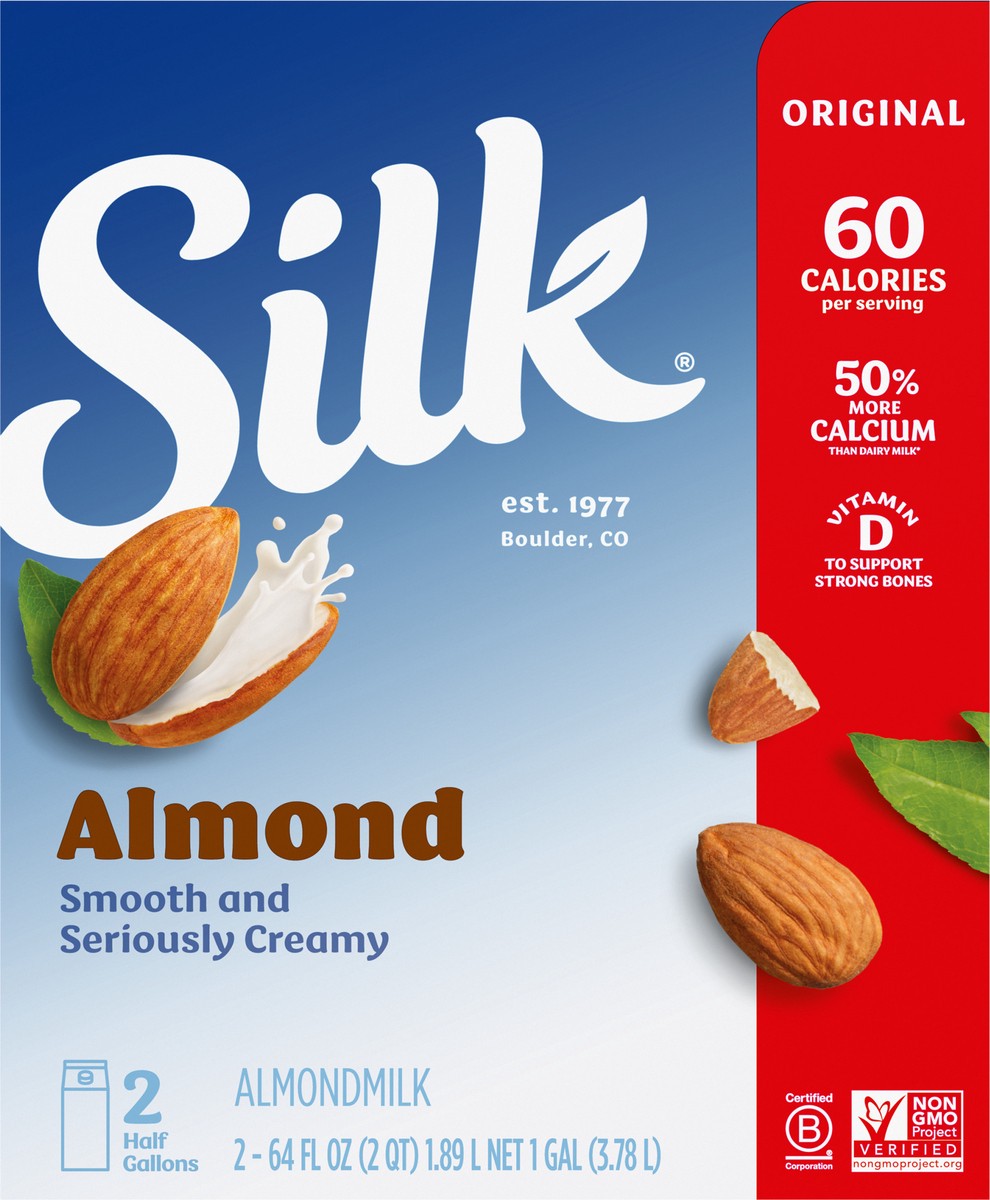 slide 10 of 13, Silk Almond Milk, Original, Dairy-Free, Vegan, Non-GMO Project Verified, Half Gallon, 2 Pack, 64 fl oz