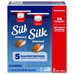 Silk Almond Milk, Original, Dairy Free, Gluten Free, Seriously Creamy Vegan Plant Based Milk with 5 Essential Nutrients, 64 fl oz Half Gallon, 2 Count