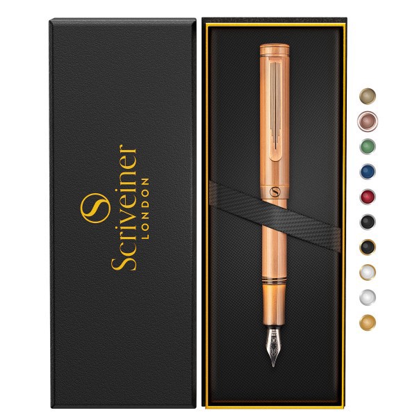 slide 7 of 10, Scriveiner Edc Luxury Fountain Pen, Medium Nib, 0.7 Mm, Copper Barrel, Black And Blue, 1 ct