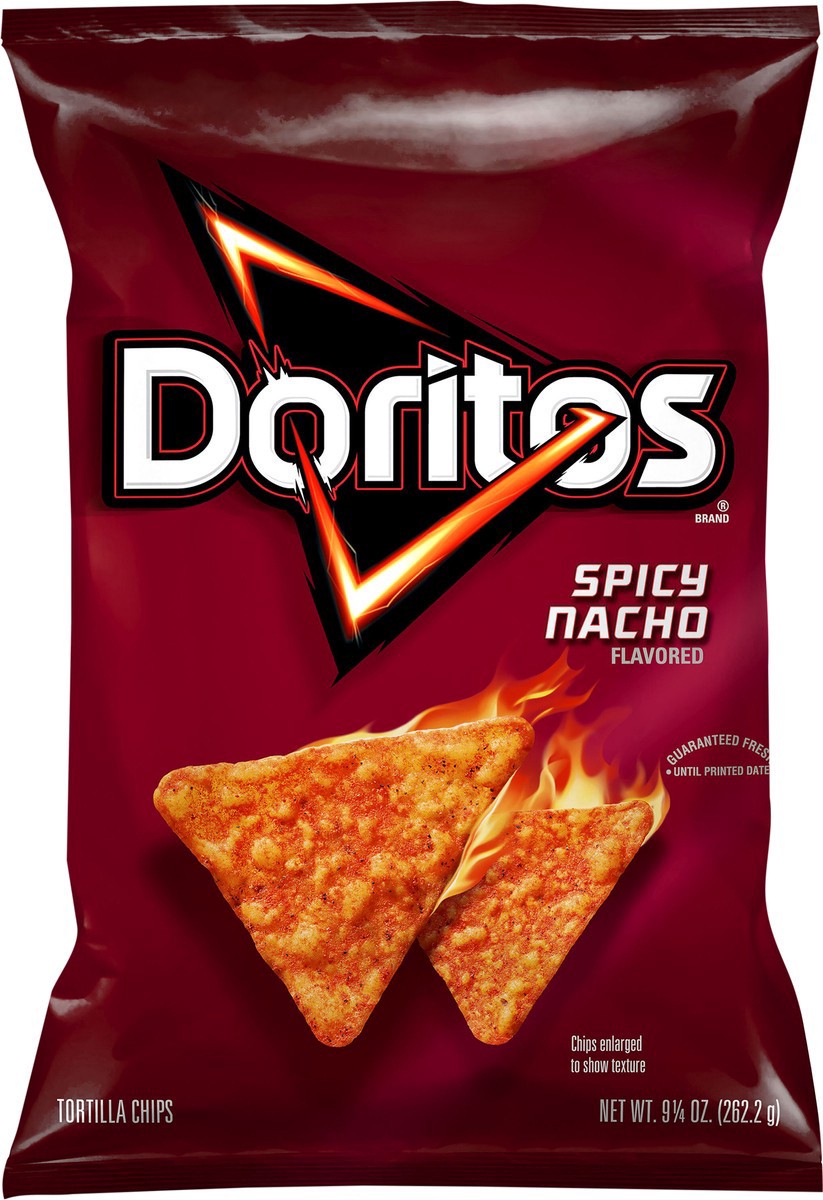 slide 3 of 8, Doritos Tortilla Chips, Spicy Nacho Flavored, 9.25 oz