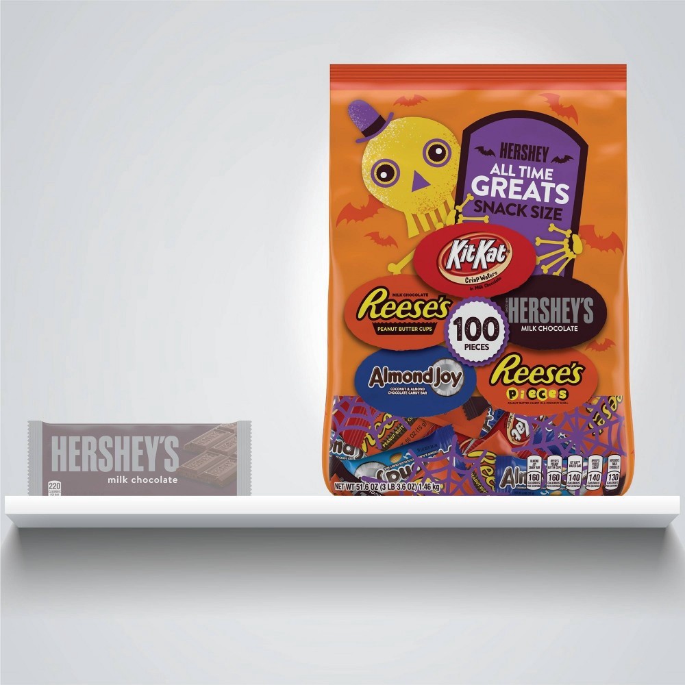 slide 5 of 6, Hershey's All Time Greats Reese's, Hershey's, Kit Kat, Almond Joy, and Reese's Pieces Halloween Assorted Bag Snack Size, 100 ct; 51.6 oz