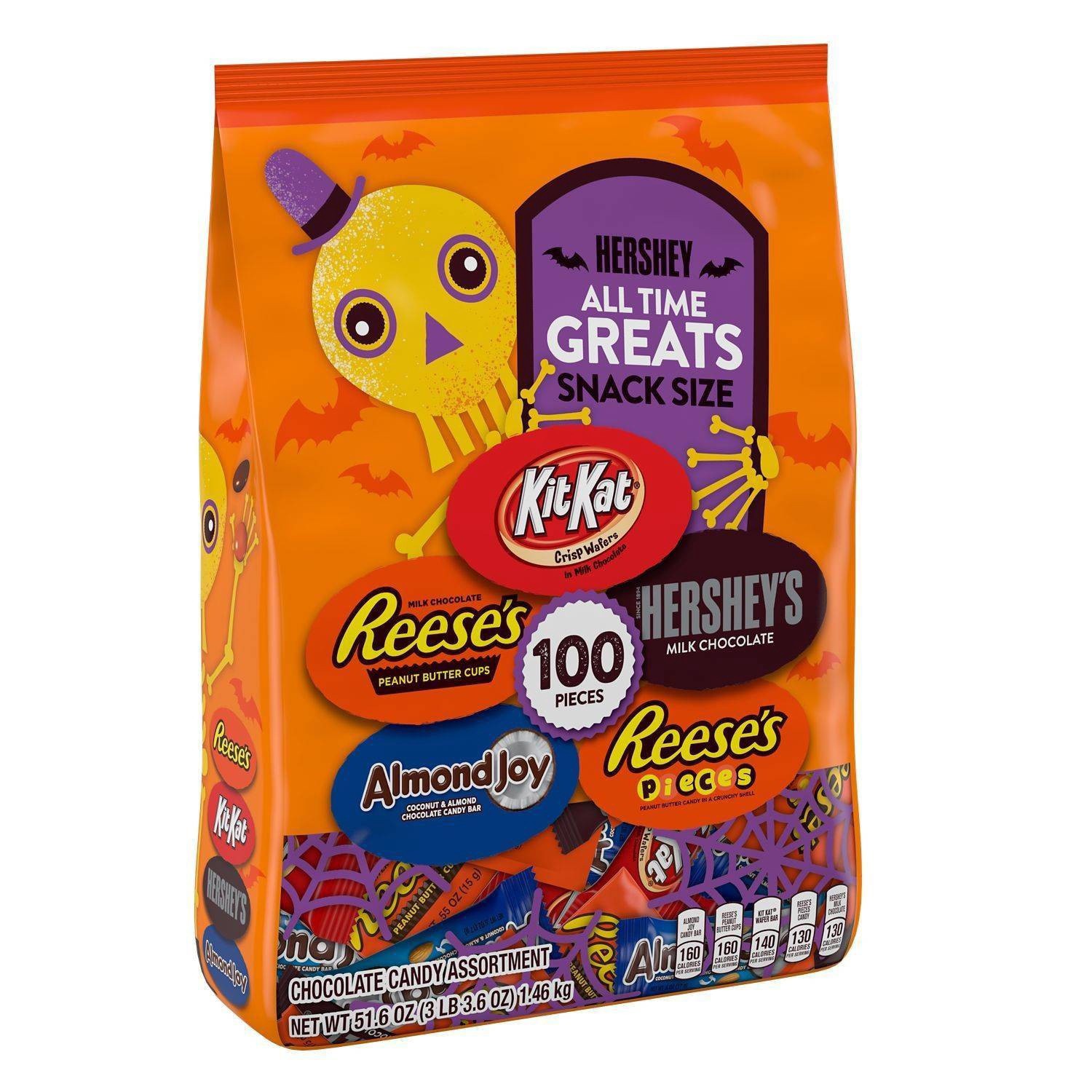 slide 1 of 6, Hershey's All Time Greats Reese's, Hershey's, Kit Kat, Almond Joy, and Reese's Pieces Halloween Assorted Bag Snack Size, 100 ct; 51.6 oz