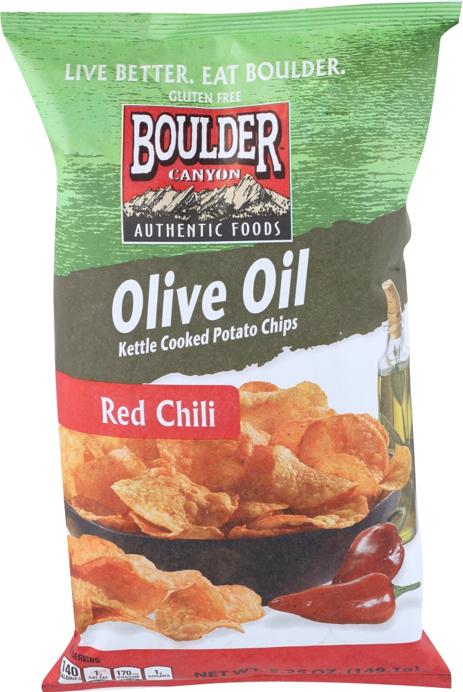 slide 1 of 11, Boulder Canyon Red Chili Olive Oil Kettle Cooked Potato Chips, 5.25 oz
