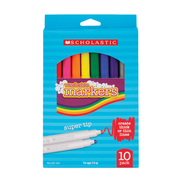 slide 1 of 1, Scholastic Washable Markers, Beveled Tip, Assorted Colors, Pack Of 10, 10 ct