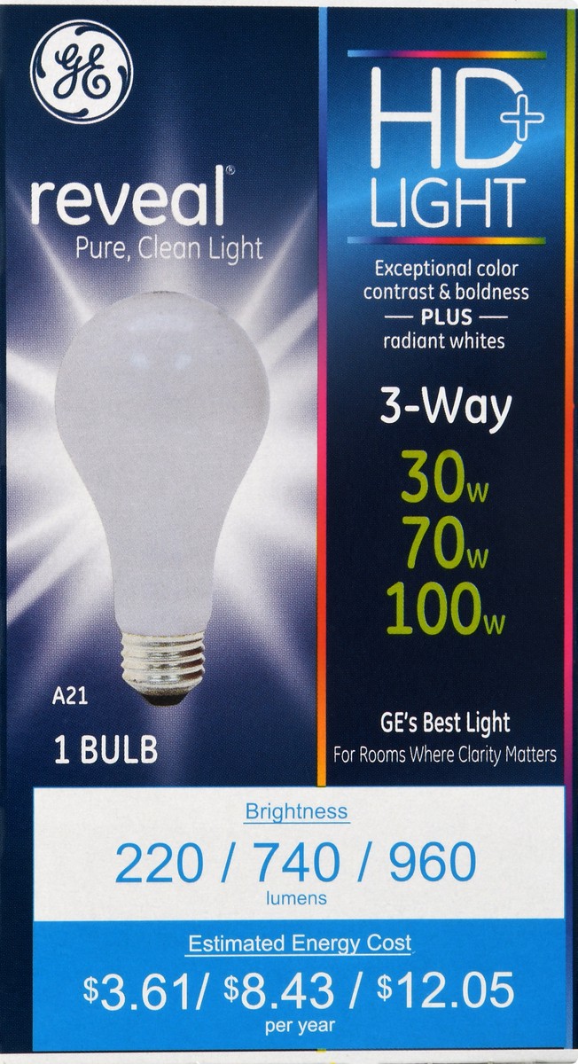 slide 3 of 11, GE Reveal HD+ 3-Way 30/70/100 Watts Light Bulb 1 ea, 1 ct