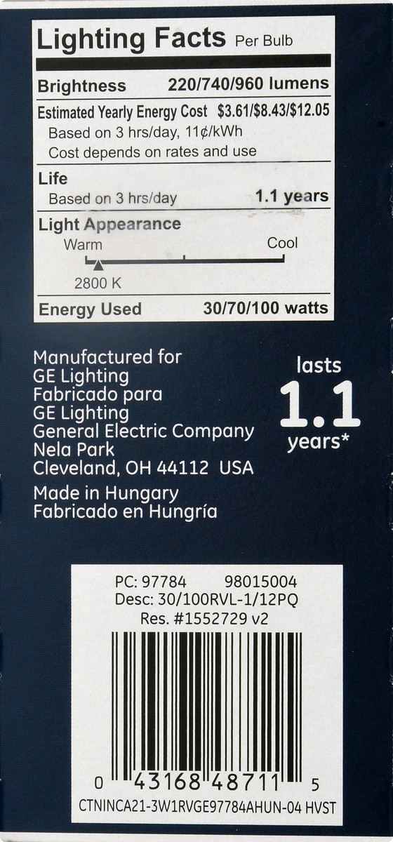 slide 5 of 11, GE Reveal HD+ 3-Way 30/70/100 Watts Light Bulb 1 ea, 1 ct