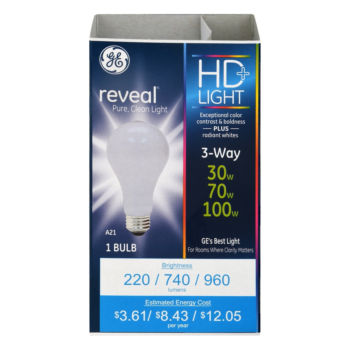 slide 1 of 11, GE Reveal HD+ 3-Way 30/70/100 Watts Light Bulb 1 ea, 1 ct