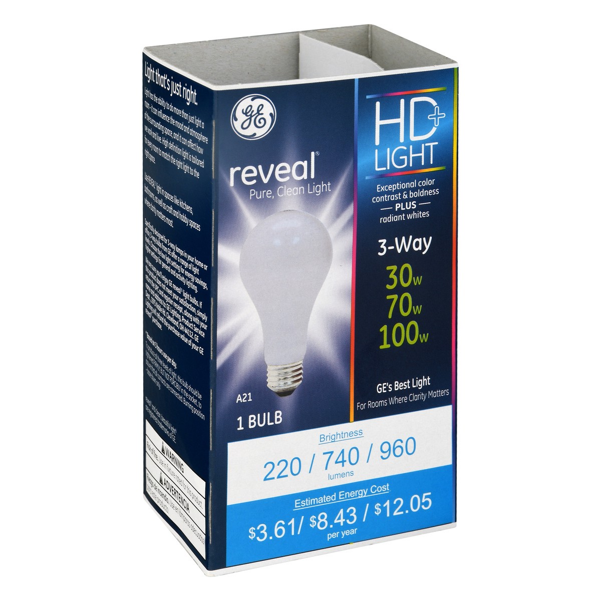 slide 7 of 11, GE Reveal HD+ 3-Way 30/70/100 Watts Light Bulb 1 ea, 1 ct