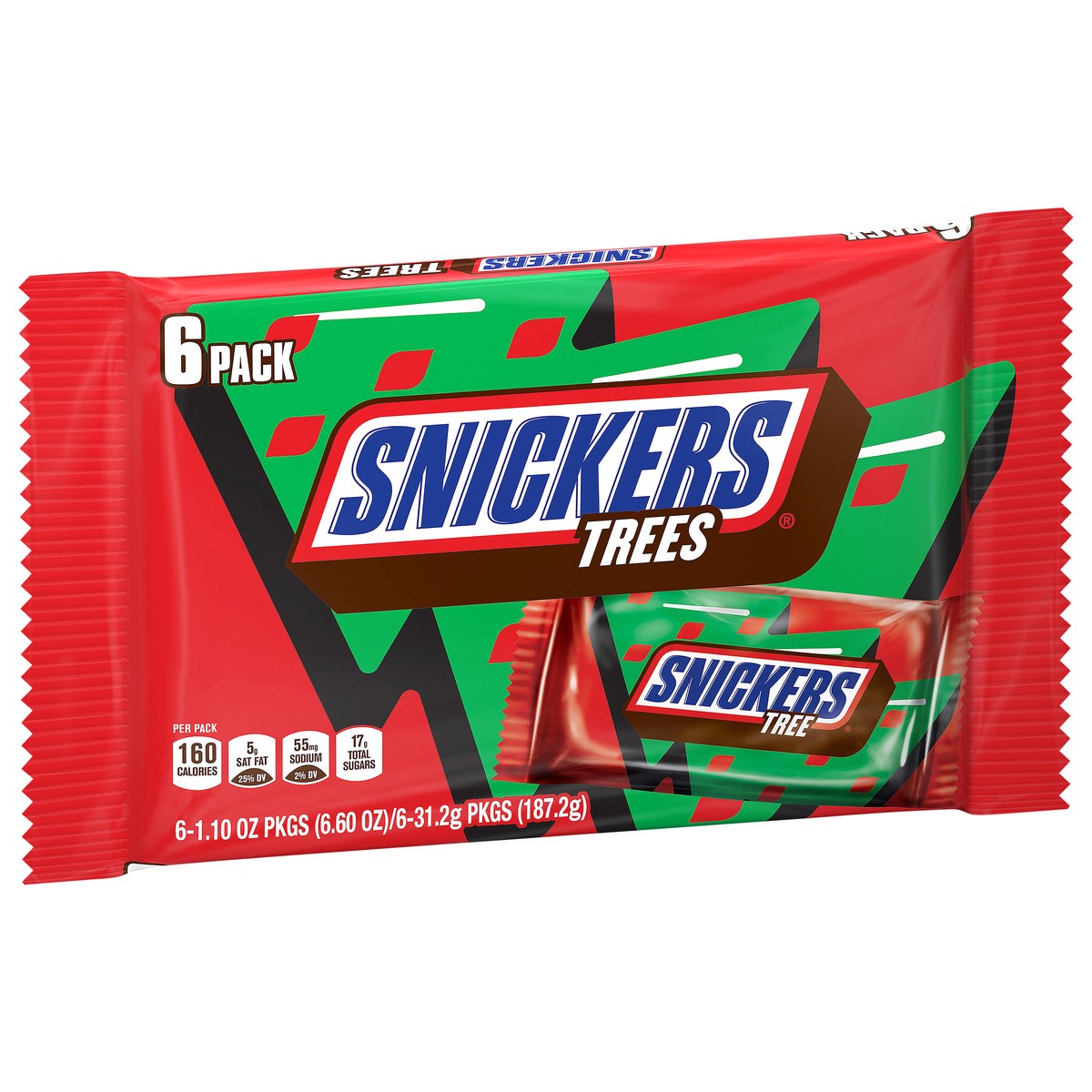 slide 3 of 7, Snickers Holiday Chocolate Christmas Candy Tree Full Size Bar Pack, 1.1oz (6ct), 6.6 oz