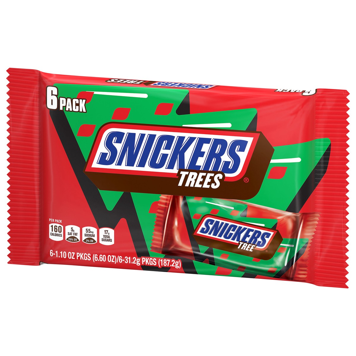 slide 2 of 7, Snickers Holiday Chocolate Christmas Candy Tree Full Size Bar Pack, 1.1oz (6ct), 6.6 oz