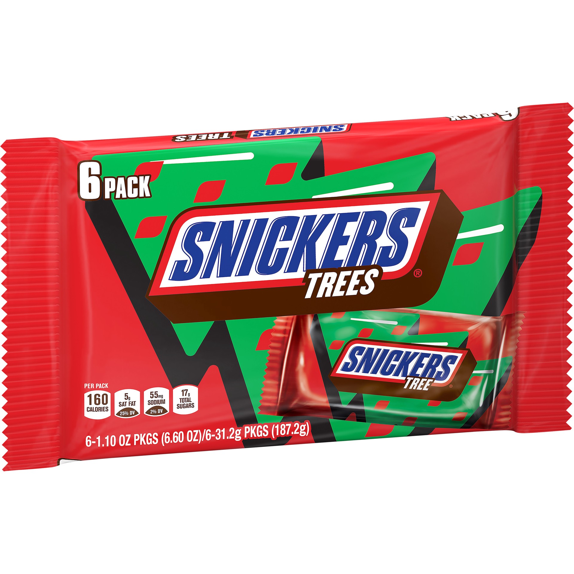 slide 1 of 7, Snickers Holiday Chocolate Christmas Candy Tree Full Size Bar Pack, 1.1oz (6ct), 6.6 oz